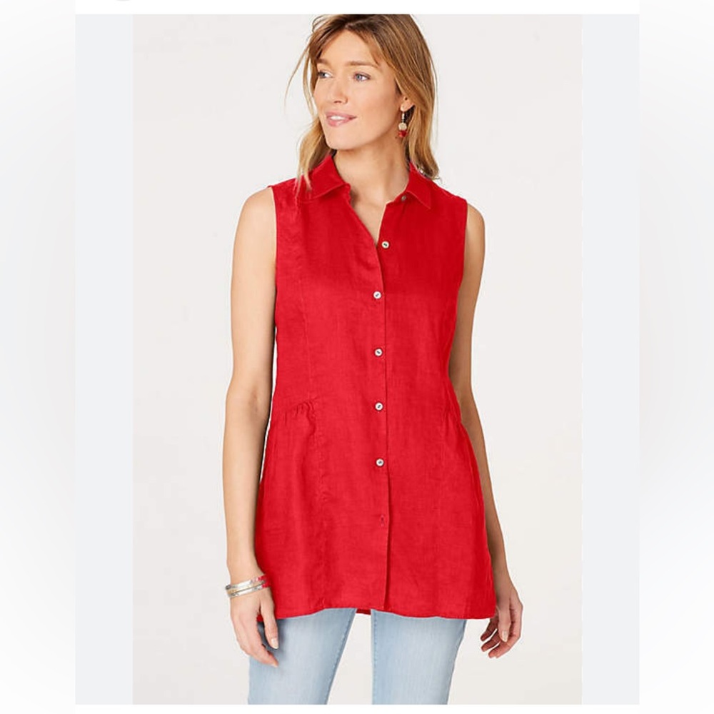 •J. JILL• 100% LINEN LIGHTWEIGHT HIBISCUS PEPLUM-BACK TUNIC TOP SIZE SMALL EUC